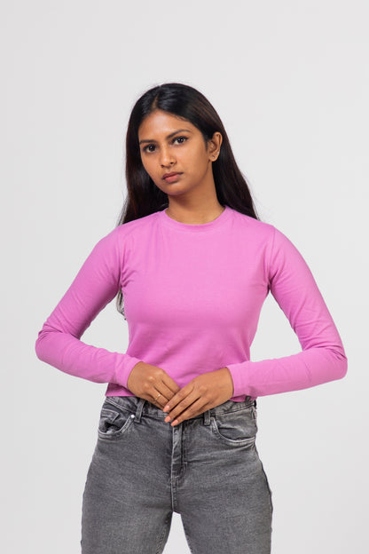 Solid Lycra Long Sleeve Crop Top - Pink