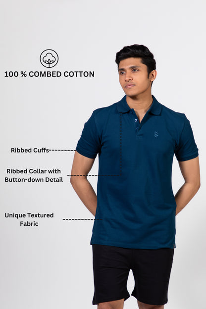 Ribbed Collar Knit Polo T-Shirt: Blue