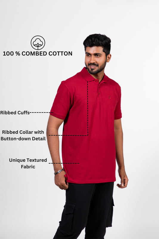 Ribbed Collar Knit Polo T-Shirt: Maroon