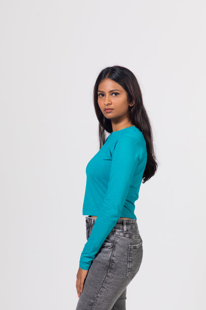 Urban Finesse: Solid Lycra Long Sleeve Crop Top