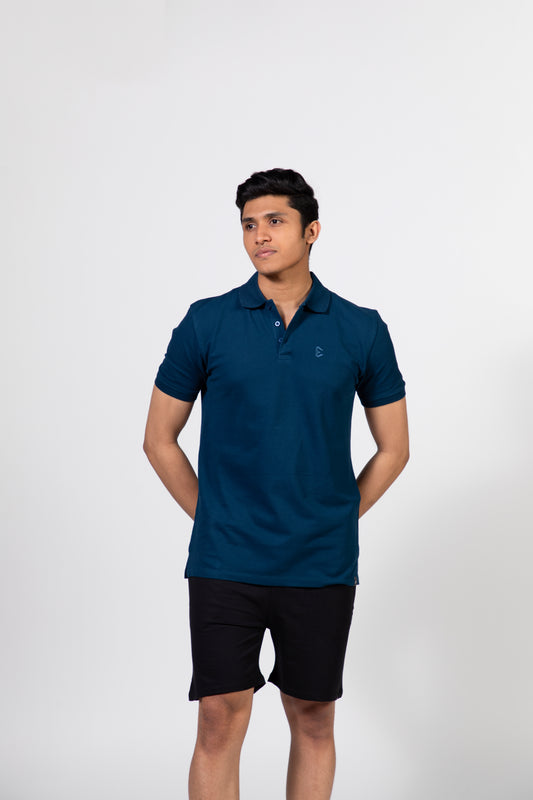 Ribbed Collar Knit Polo T-Shirt: Blue
