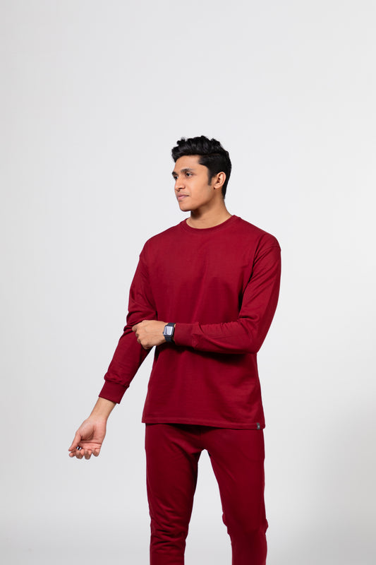Maroon Solid Oversized Long Sleeve T-Shirts | Urban Finesse