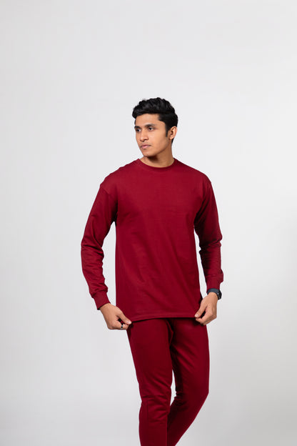 Maroon Solid Oversized Long Sleeve T-Shirts | Urban Finesse