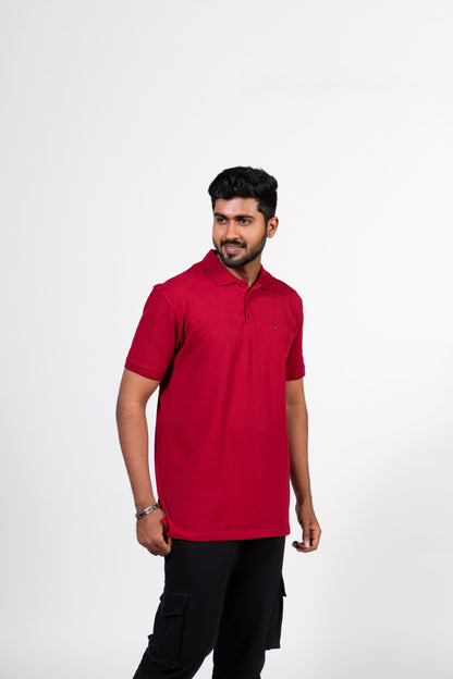 Ribbed Collar Knit Polo T-Shirt: Maroon