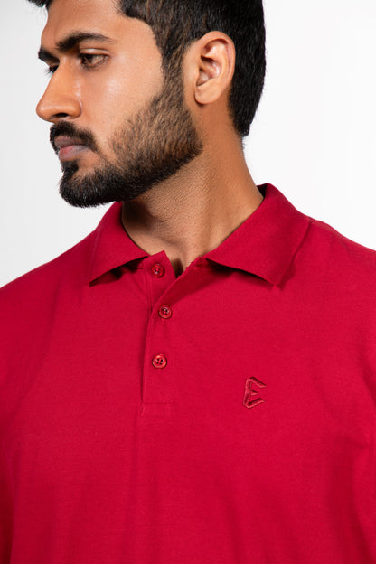 Ribbed Collar Knit Polo T-Shirt: Maroon